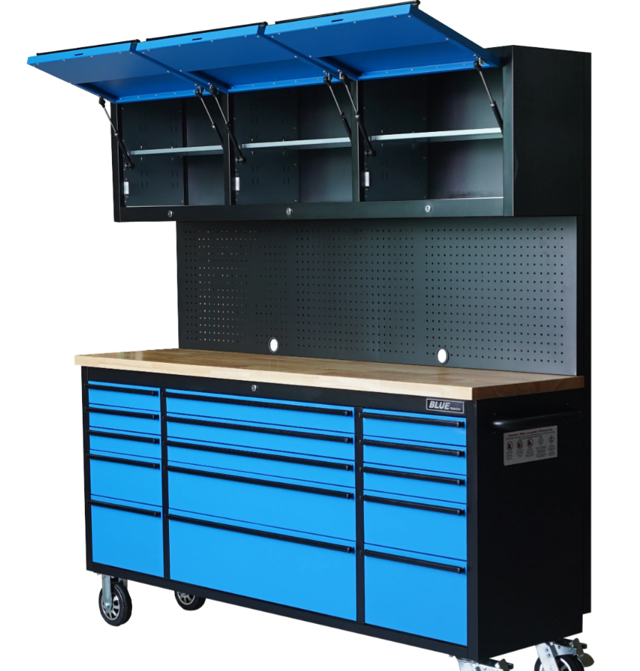 NEW 72 INCH BLUE TOOL CABINET WITH OVERHEAD CABINETS AND PEGBOARD! WOW