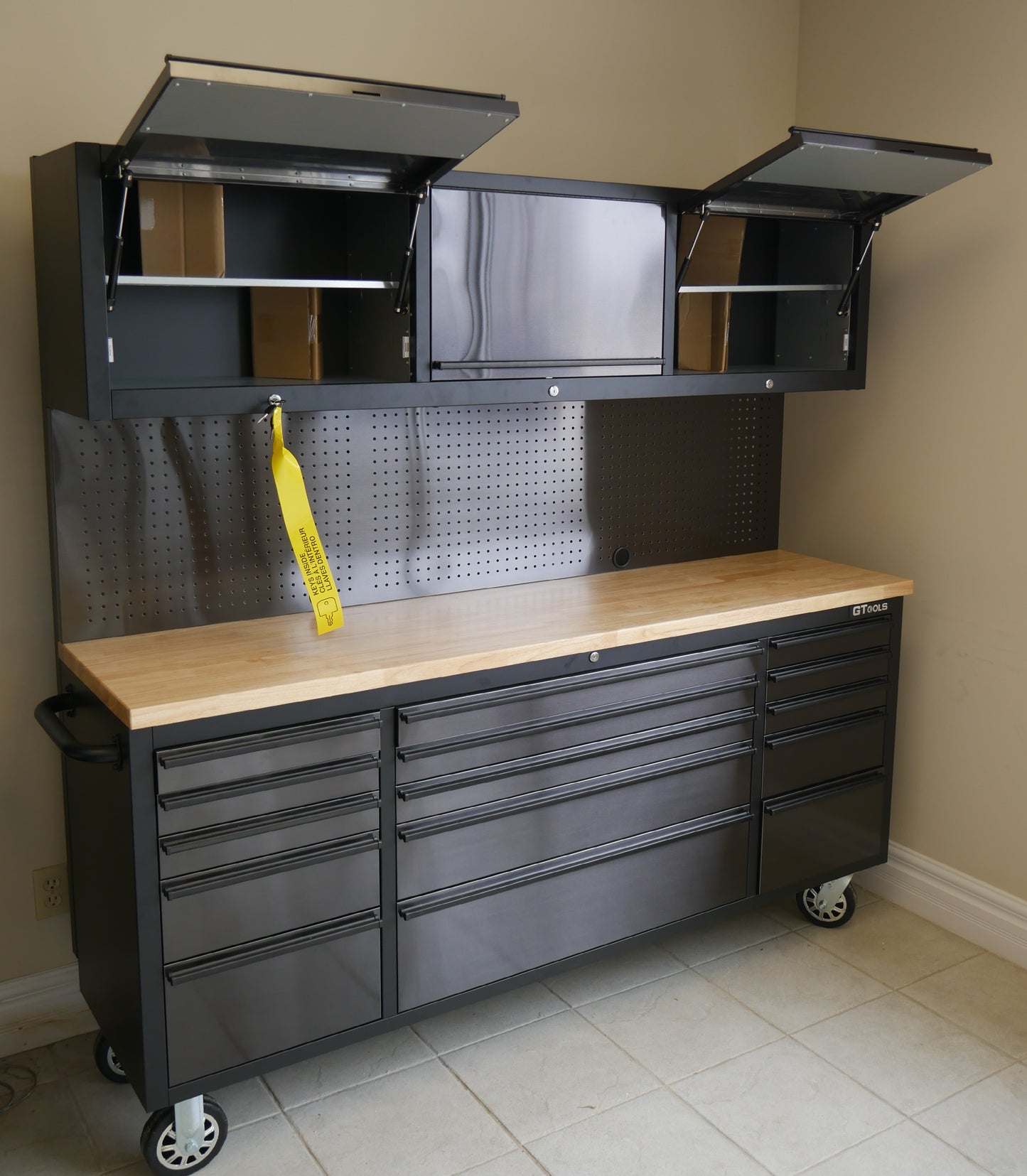 72 INCH BLACK STEEL TOOL CABINET WITH PEGBOARD & UPPER CABINETS