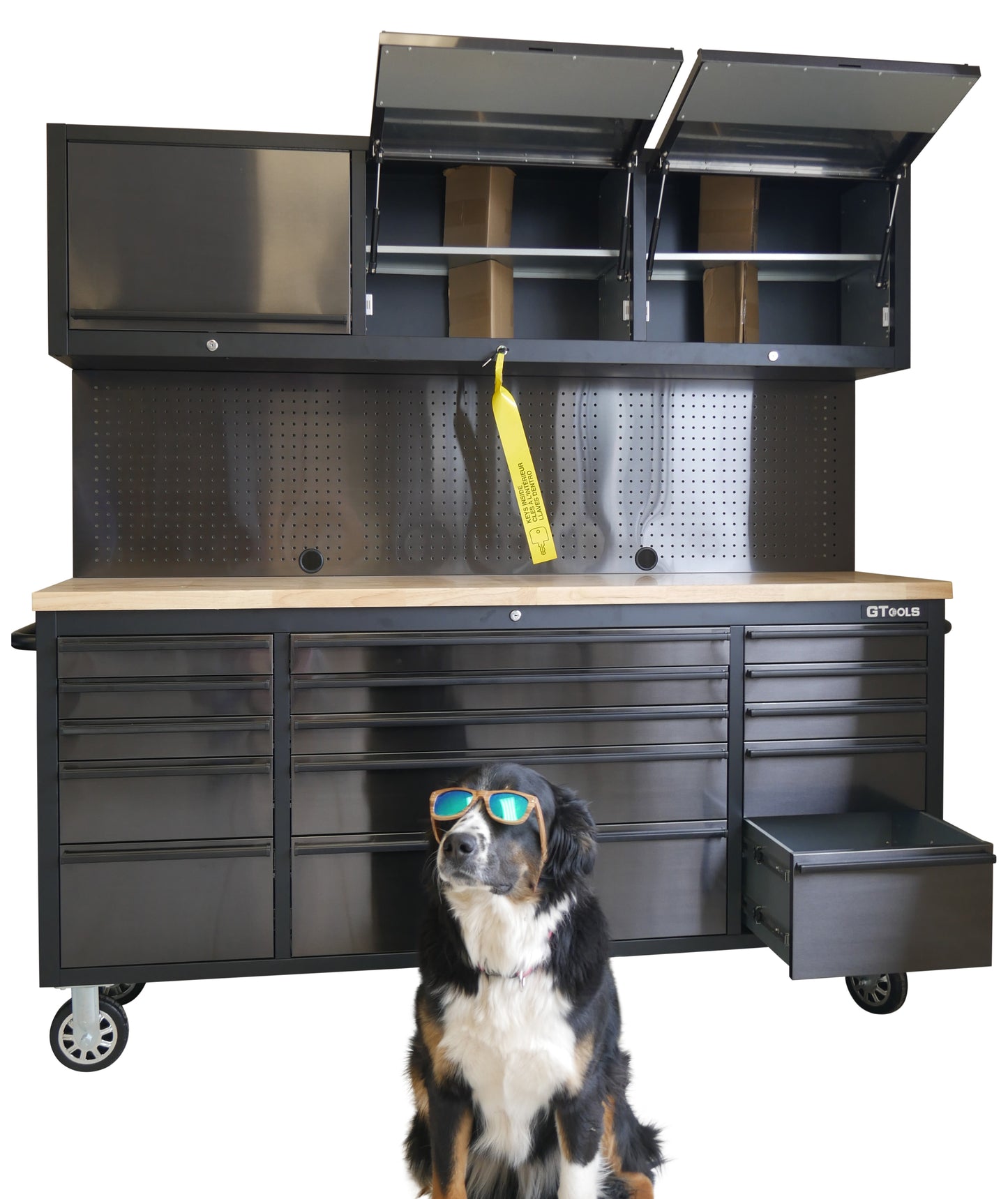 72 INCH BLACK STEEL TOOL CABINET WITH PEGBOARD & UPPER CABINETS