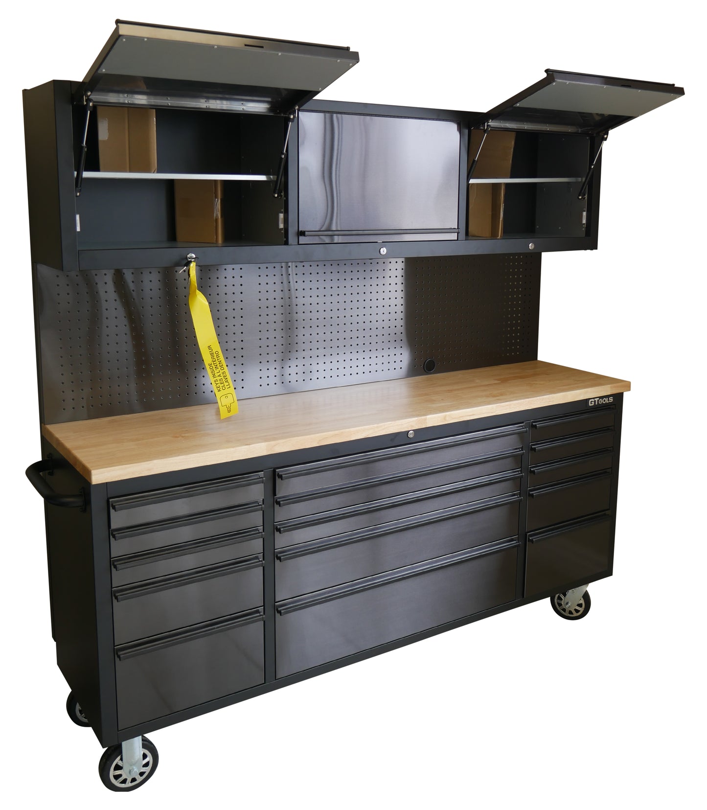 72 INCH BLACK STEEL TOOL CABINET WITH PEGBOARD & UPPER CABINETS