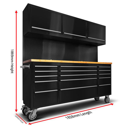 72 INCH BLACK TOOL CABINET WITH PEGBOARD & UPPER CABINETS