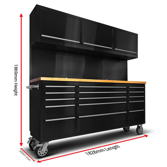 72 INCH BLACK TOOL CABINET WITH PEGBOARD & UPPER CABINETS