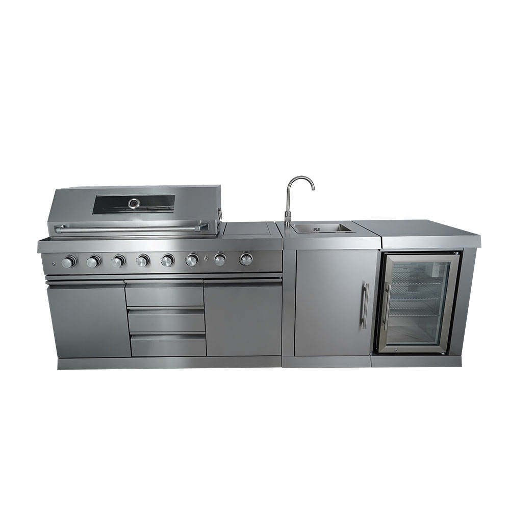 OUTDOOR KITCHEN Stainless Steel , 6 Main Burners, Rear Burner, Side Burner, Integrated Sink & Refrigerator, CSA/CE Certified,