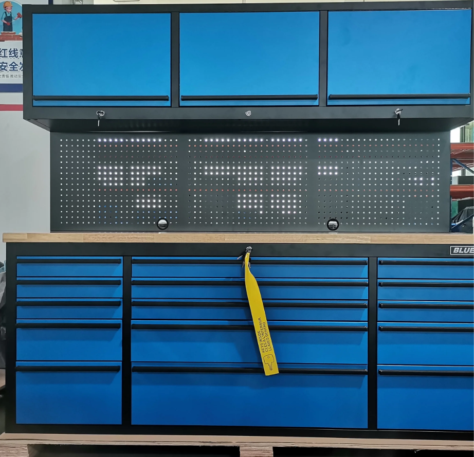 NEW 72 INCH BLUE TOOL CABINET WITH OVERHEAD CABINETS AND PEGBOARD! WOW