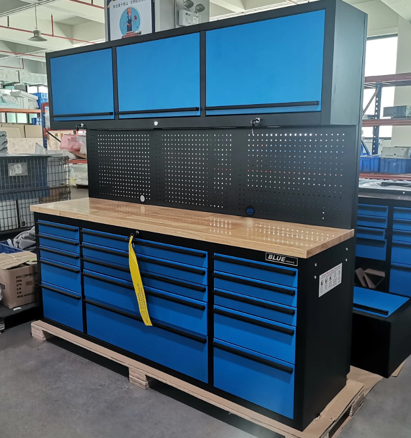 NEW 72 INCH BLUE TOOL CABINET WITH OVERHEAD CABINETS AND PEGBOARD! WOW