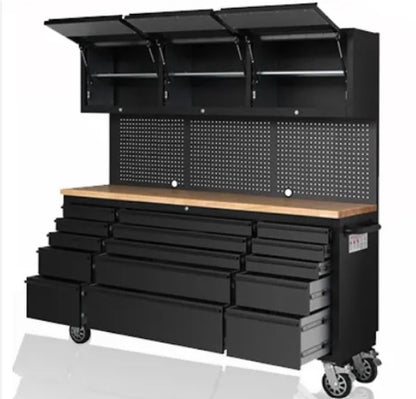 72 INCH BLACK TOOL CABINET WITH PEGBOARD & UPPER CABINETS