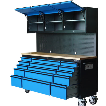 NEW 72 INCH BLUE TOOL CABINET WITH OVERHEAD CABINETS AND PEGBOARD! WOW