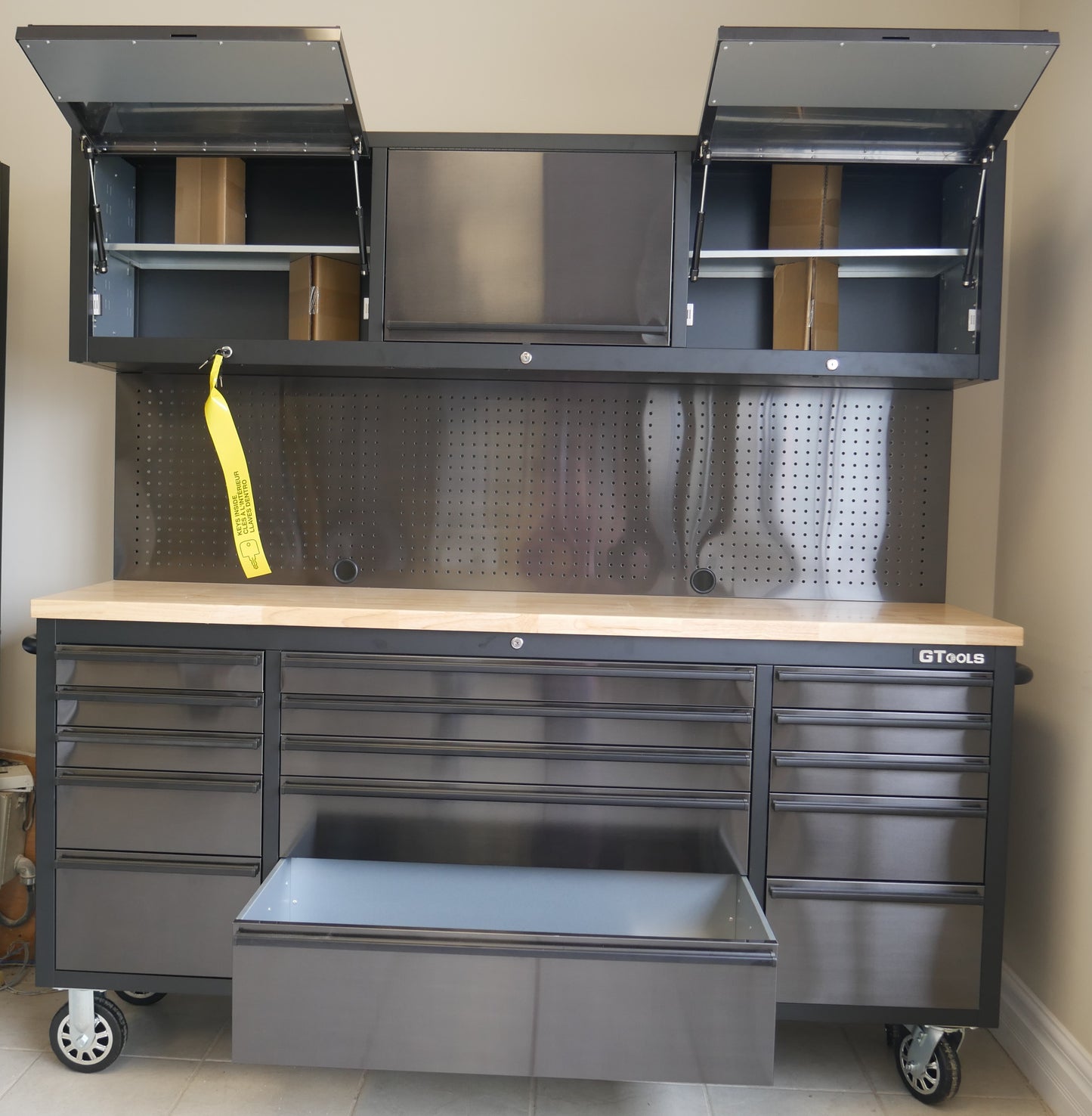 72 INCH BLACK STEEL TOOL CABINET WITH PEGBOARD & UPPER CABINETS