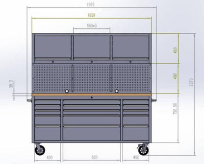 FREEDOM 72inch 15 Drawers Tool Chest With Up Cabinet&Pegboard SS